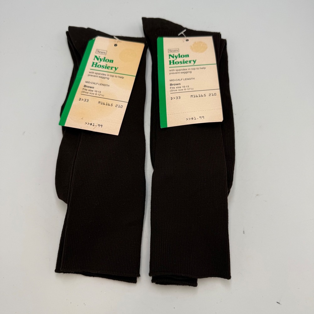 Vintage 70s Sears Men Brown Nylon Mid-Calf Dress Socks 2 Pair Made in USA